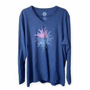 Life Is Good Women’s Long Sleeve V-Neck Graphic Tee Blue XXL Sun Design